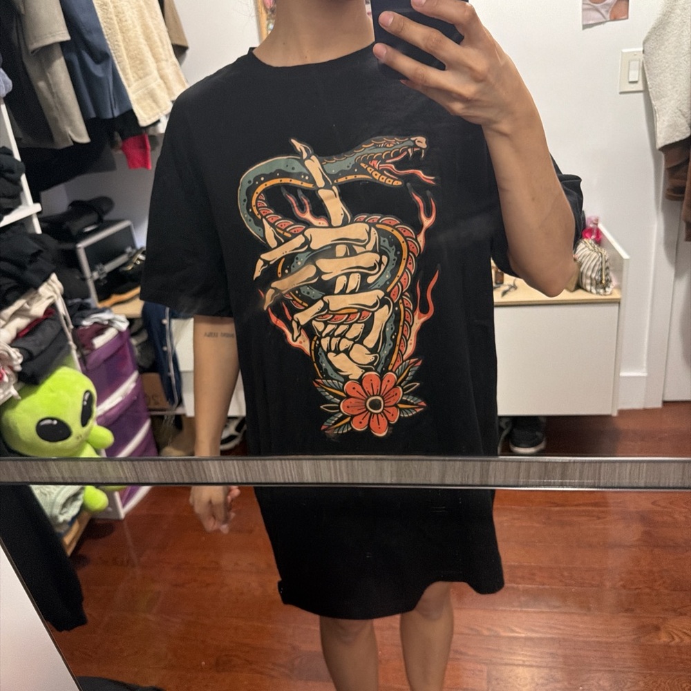 SHEIN Black Tee with Snake and Flower Graphic